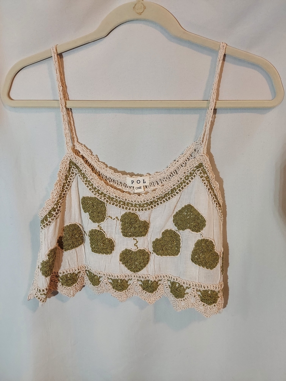 POL Clothing Embroidered Hearts Crochet Cropped Tank Top Boho Cream Olive Green